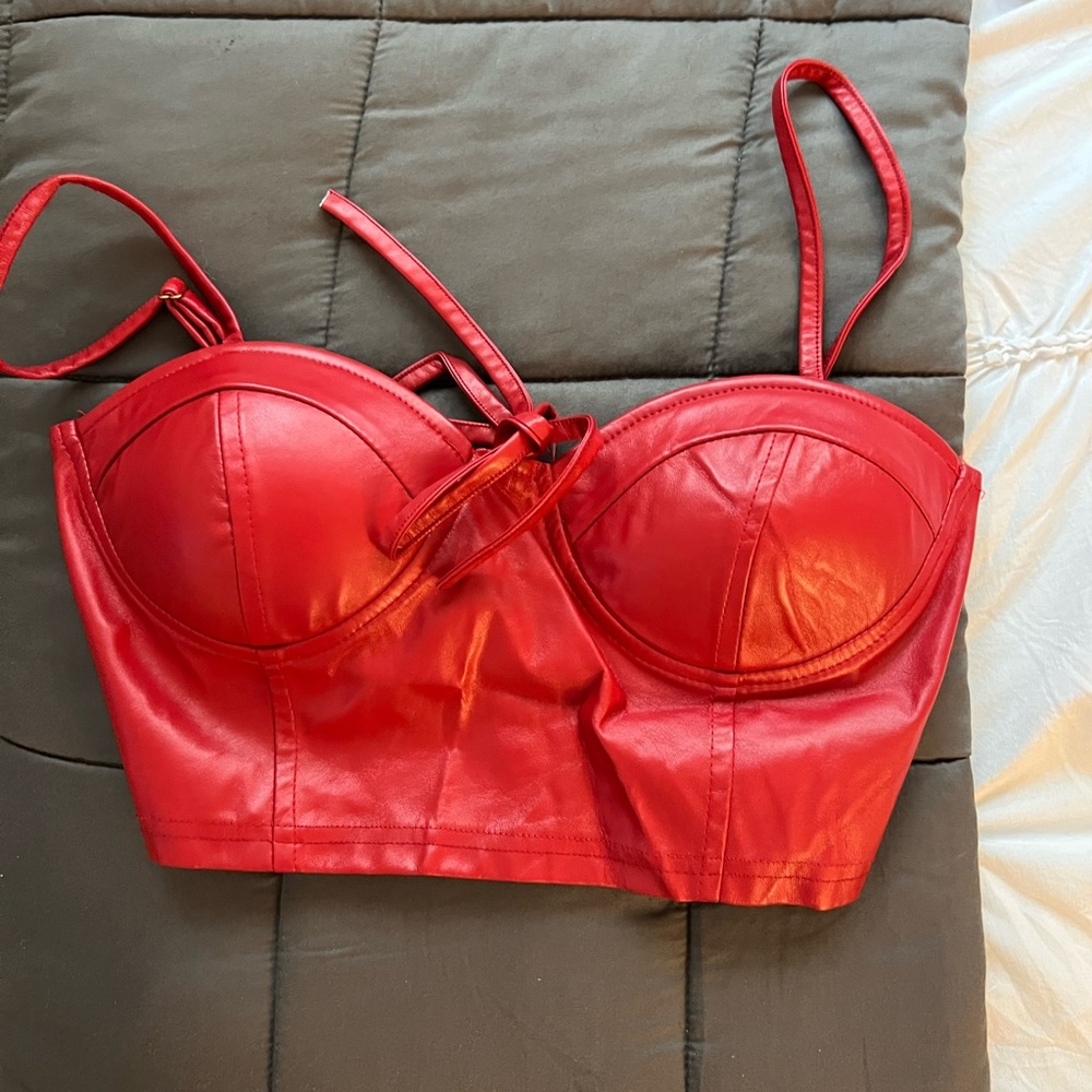 red faux leather crop top